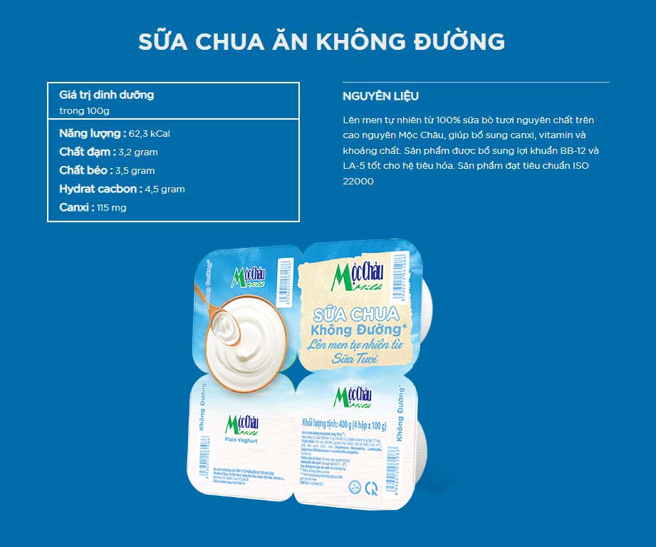 SỮA CHUA KHÔNG ĐƯỜNG MỘC CHÂU BAO NHIÊU CALO